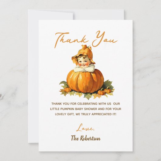小さなかぼちゃの秋秋の女の子の赤ちゃんシャワー サンキューカード (正面)