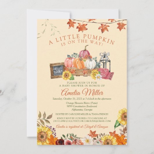 小さなかぼちゃの秋秋の赤ちゃんシャワーの招待 招待状 (正面)
