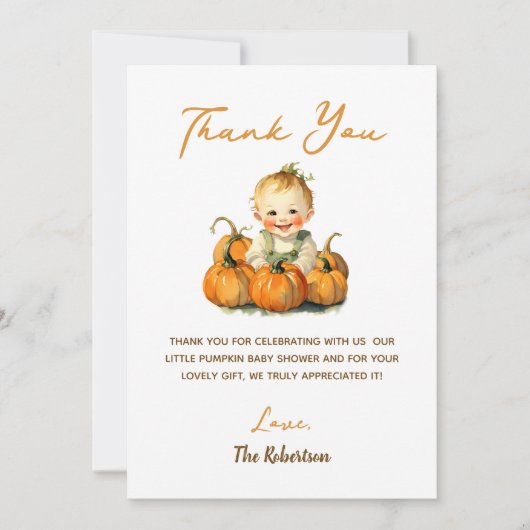 小さなかぼちゃの秋秋の赤ちゃんシャワー サンキューカード (正面)