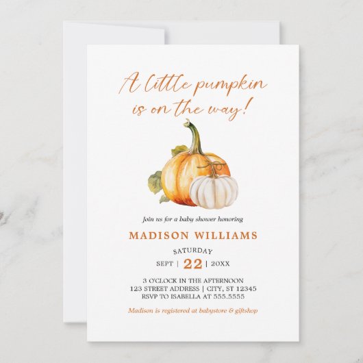 小さなかぼちゃの秋秋の赤ちゃんシャワー 招待状 (正面)