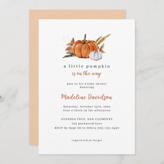 小さなかぼちゃの秋秋の赤ちゃんシャワー 招待状 (正面/裏面)