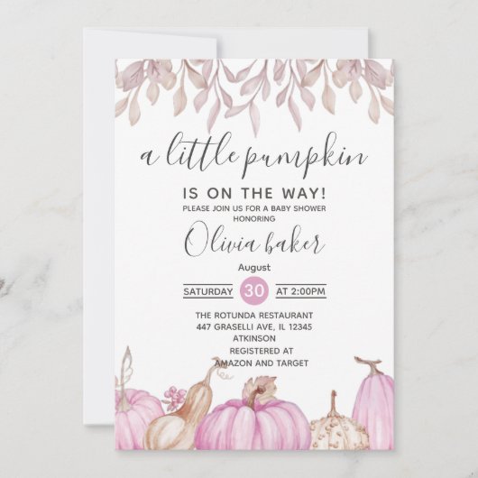 小さなかぼちゃの秋秋ピンクの赤ちゃんシャワー 招待状 (正面)