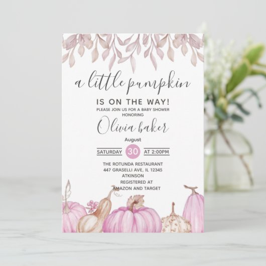 小さなかぼちゃの秋秋ピンクの赤ちゃんシャワー 招待状 (スタンド正面)