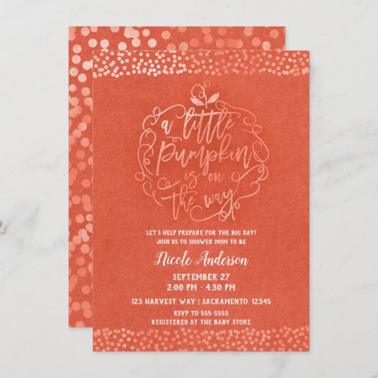 小さなかぼちゃの秋素朴オレンジ色の赤ちゃん 招待状 (正面/裏面)