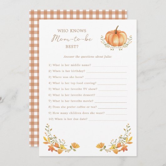 小さなかぼちゃの秋 |ベビーシャワーゲームカード 招待状 (正面/裏面)