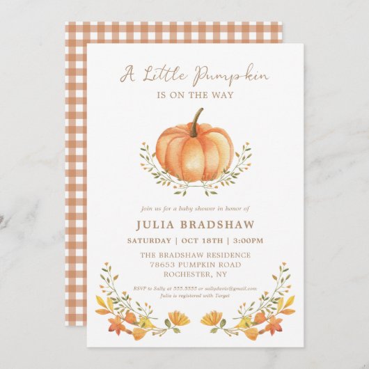 小さなかぼちゃの秋 |赤男女兼用ちゃんシャワー 招待状 (正面/裏面)