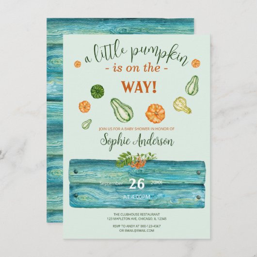 小さなかぼちゃの緑の秋ベビーショー 招待状 (正面/裏面)