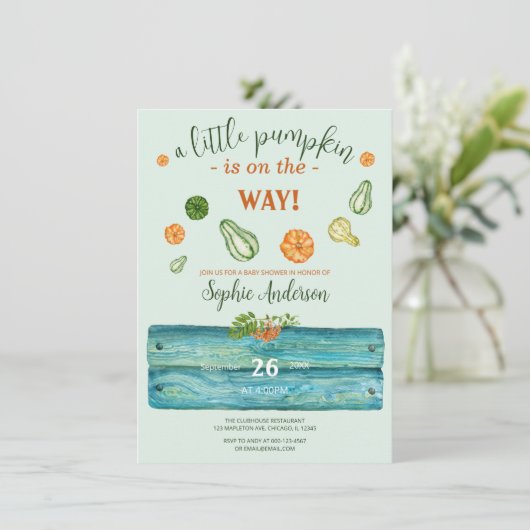 小さなかぼちゃの緑の秋ベビーショー 招待状 (スタンド正面)