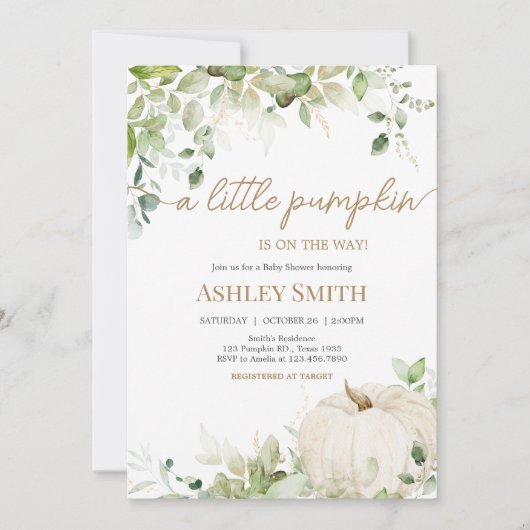 小さなかぼちゃの赤ちゃんシャワーに緑を与える 招待状 (正面)