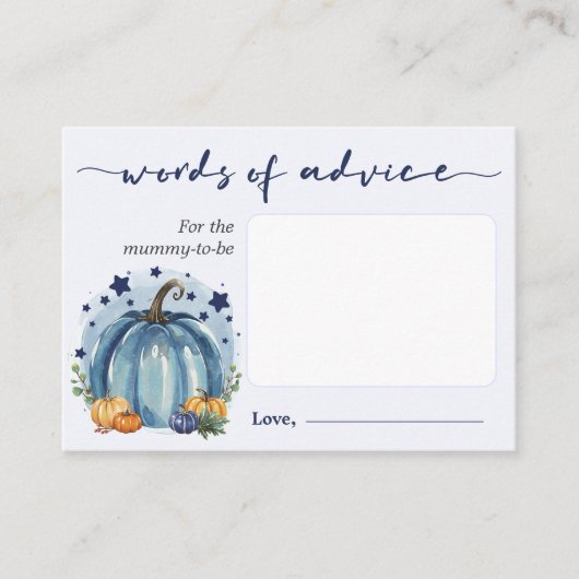 小さなかぼちゃの赤ちゃんシャワーの言葉のアドバイスママ エンクロージャーカード (正面)