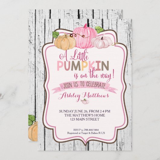 小さなかぼちゃの赤ちゃんシャワーカード 招待状 (正面/裏面)