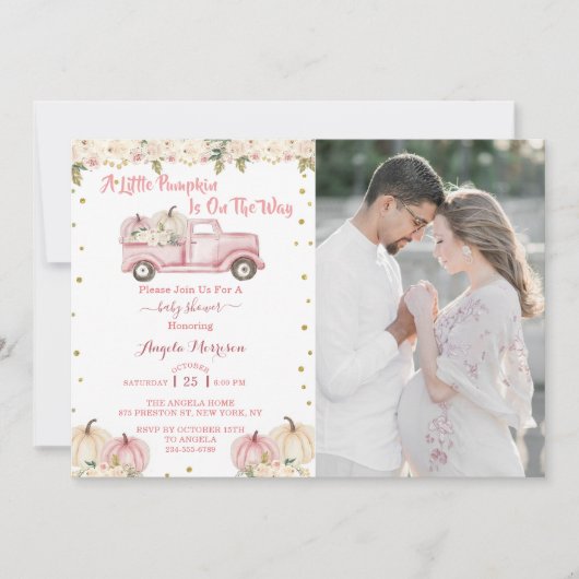 小さなかぼちゃの赤ちゃんシャワーピンクのトラックの写真 招待状 (正面)