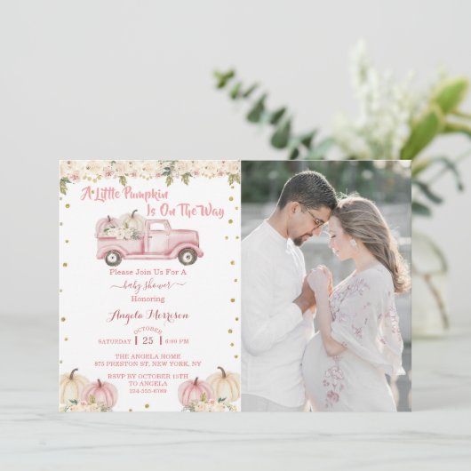 小さなかぼちゃの赤ちゃんシャワーピンクのトラックの写真 招待状 (スタンド正面)