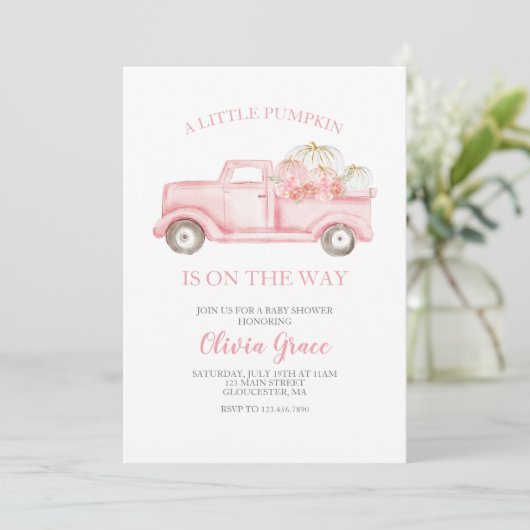 小さなかぼちゃの赤ちゃんシャワーピンクのトラック 招待状 (スタンド正面)