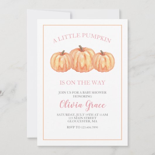 小さなかぼちゃの赤ちゃんシャワーピンクの格子柄の招待状 招待状 (正面)