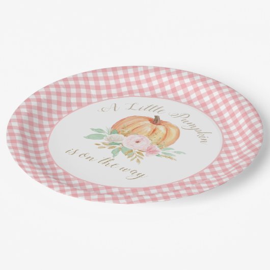 小さなかぼちゃの赤ちゃんシャワーフローラピンクプレイド ペーパープレート (アングル)