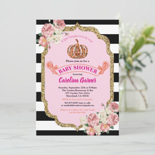 小さなかぼちゃの赤ちゃんシャワー招待ピンク 招待状 (スタンド正面)