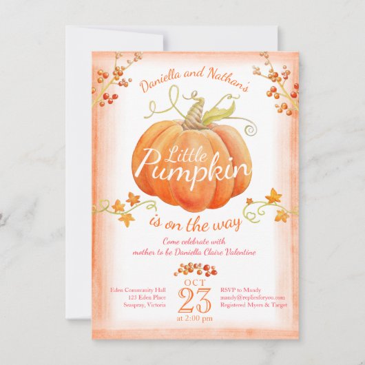 小さなかぼちゃの赤ちゃんシャワー水カラー招待状 招待状 (正面)