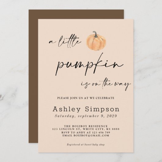 小さなかぼちゃの赤ちゃんシャワー 招待状 (正面/裏面)