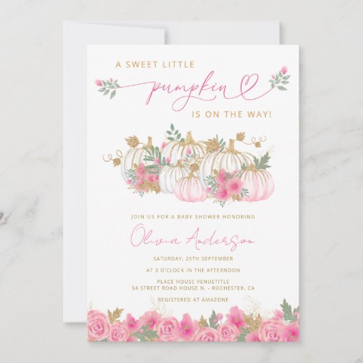 小さなかぼちゃの赤面ピンクの赤ちゃんシャワー 招待状 (正面)
