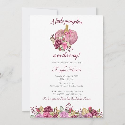 小さなかぼちゃの赤面&バーガンディ秋ベビーシャワー 招待状 (正面)