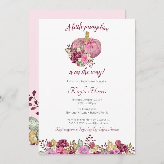 小さなかぼちゃの赤面&バーガンディ秋ベビーシャワー 招待状 (正面/裏面)
