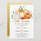 小さなかぼちゃの金ゴールドグリッター秋赤ちゃんシャワー 招待状 (正面/裏面)