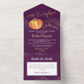 小さなかぼちゃの金ゴールドグリッター紫色の赤ちゃんシャワー オールインワン招待状 (内側)