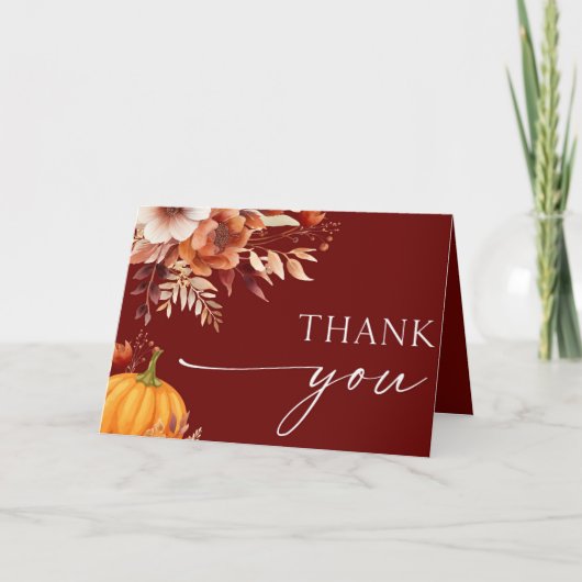 小さなかぼちゃの錆びたバーガンディフローラ赤ちゃんシャワー サンキューカード (正面)