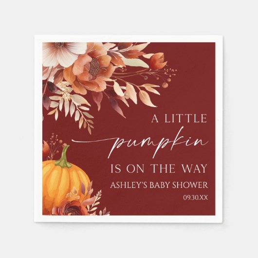 小さなかぼちゃの錆びたバーガンディフローラ赤ちゃんシャワー スタンダードカクテルナプキン (正面)