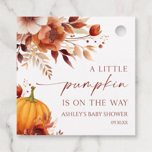 小さなかぼちゃの錆びたバーガンディフローラ赤ちゃんシャワー フェイバータグ (裏面)