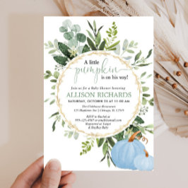 小さなかぼちゃの青い緑の男の子の赤ちゃんシャワー 招待状