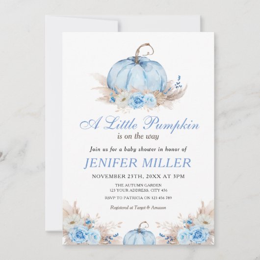 小さなかぼちゃの青い赤ちゃんシャワー 招待状 (正面)