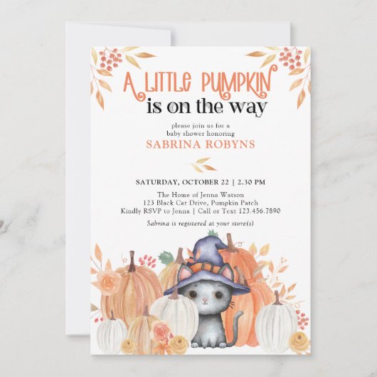 小さなかぼちゃの黒猫ウィッチハットの赤ちゃんシャワー 招待状 (正面)