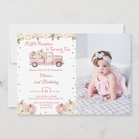 小さなかぼちゃの2ndバースデーピンクのトラック 招待状 (正面)