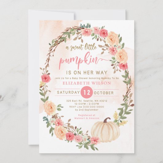 小さなかぼちゃは彼女の方法で彼女の秋の赤ちゃんシャワー 招待状 (正面)