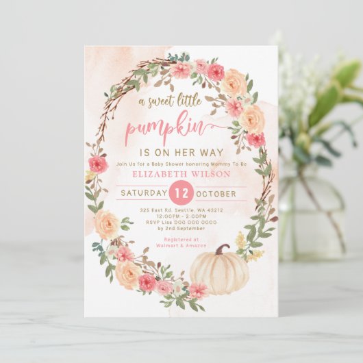 小さなかぼちゃは彼女の方法で彼女の秋の赤ちゃんシャワー 招待状 (スタンド正面)