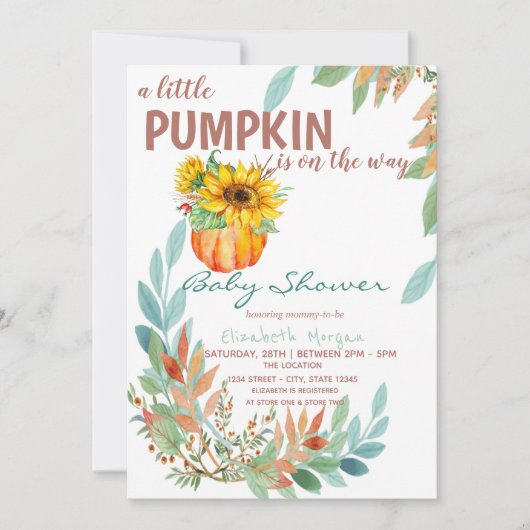 小さなかぼちゃひまわり、葉ドット赤ちゃんシャワー 招待状 (正面)