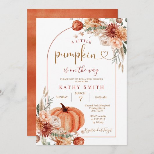 小さなかぼちゃぼほアーチ秋花赤ちゃんシャワー 招待状 (正面/裏面)