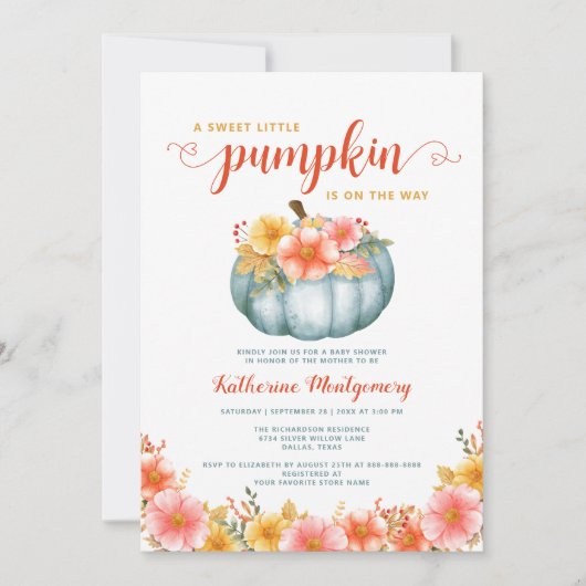 小さなかぼちゃオレンジ秋のフローラ赤ちゃんシャワー 招待状 (正面)