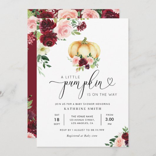 小さなかぼちゃ秋フローラ赤ちゃんシャワー招待 招待状 (正面/裏面)
