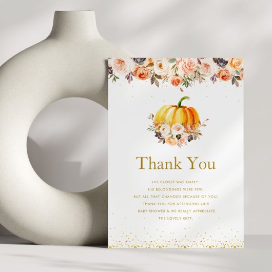 小さなかぼちゃ金ゴールドと赤面の赤ちゃんシャワー サンキューカード