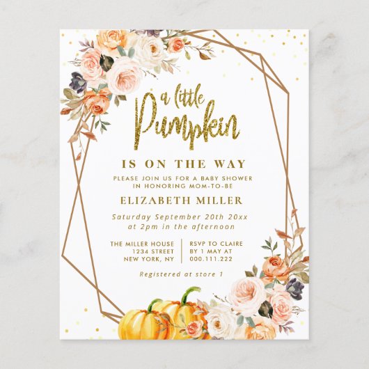 小さなかぼちゃ金ゴールド赤面フローラ赤ちゃんシャワーの招待 (正面)
