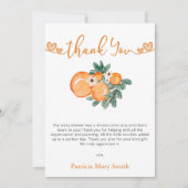 小さなかわいこちゃんがオレンジ色の赤ちゃんシャワーの途中にある サンキューカード (正面)