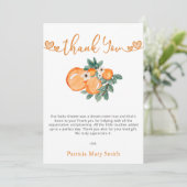 小さなかわいこちゃんがオレンジ色の赤ちゃんシャワーの途中にある サンキューカード (スタンド正面)