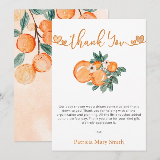 小さなかわいこちゃんがオレンジ色の赤ちゃんシャワーの途中にある サンキューカード (正面/裏面)