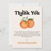 小さなかわいこちゃんがオレンジ色の赤ちゃんシャワーの途中にある サンキューカード (正面)