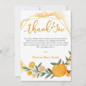 小さなかわいこちゃんがオレンジ色の赤ちゃんシャワーの途中にある サンキューカード (正面)