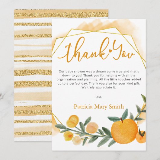 小さなかわいこちゃんがオレンジ色の赤ちゃんシャワーの途中にある サンキューカード (正面/裏面)