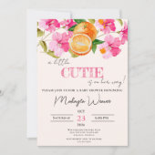 小さなかわいこちゃんがオレンジ色の赤ちゃんシャワーの途中にある 招待状 (正面)